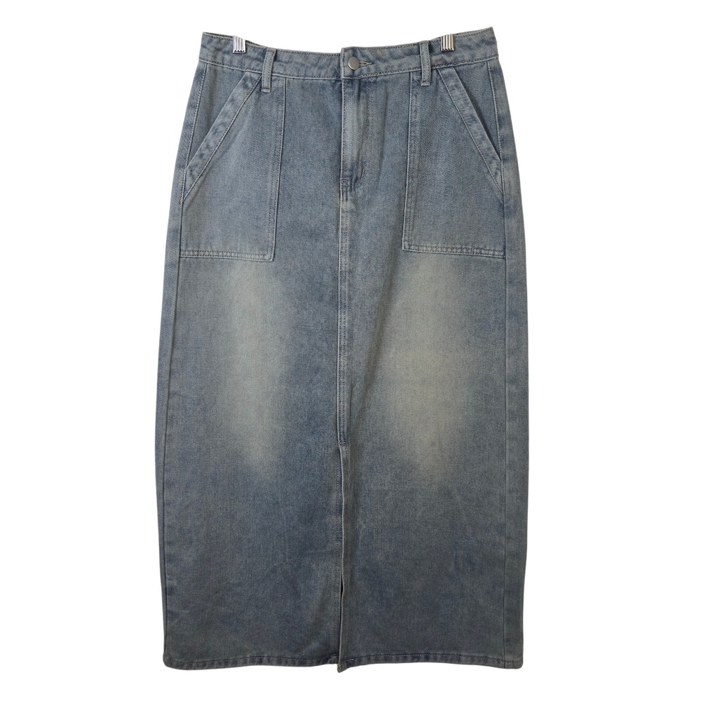 Dazy Womens Light Wash Blue Denim Maxi Skirt XL Front Slit Patch Pockets
